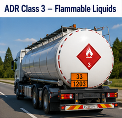 Brandstoftanker die brandbare vloeistoffen vervoert met ADR-klasse 3 gevarenborden