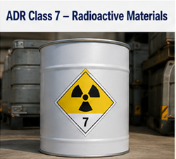 Transport van radioactieve stoffen met ADR-klasse 7 gevarensymbolen en beschermde containers