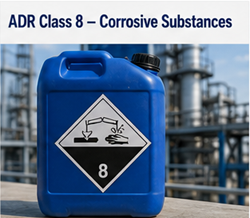 Bijtende chemicaliën in industriële containers met ADR-klasse 8 waarschuwingsetiketten