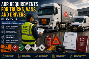 ADR-vereisten voor vrachtwagen en chauffeur bij gevaarlijke goederen in Europa met veiligheidsuitrusting voor transport