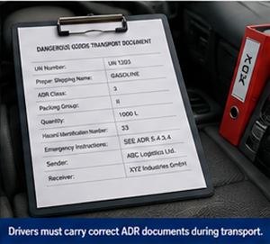 ADR-transportdocumenten en papierwerk voor gevaarlijke goederen in de cabine van een vrachtwagen