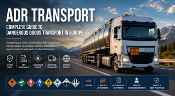 ADR-transportwagen met gevaarlijke goederen op een Europese snelweg met oranje gevarenborden en veiligheidsmarkeringen