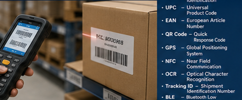 Magazijnmedewerker die RFID-tags en barcodelabels scant tijdens voorraadbeheer