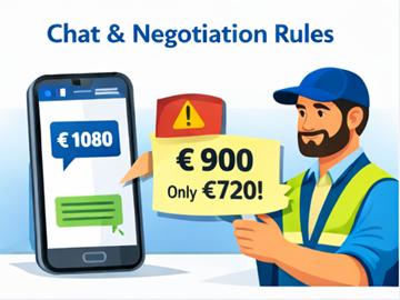Vervoerder gebruikt een mobiele app om in de chat over de transportprijs te onderhandelen met een voorbeeld van correcte en foutieve commissieberekening