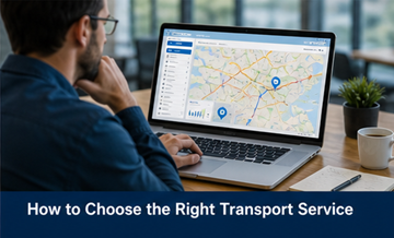 Logistiek planningsproces met iemand die op een laptop een transportdienst kiest en transportroutes bekijkt