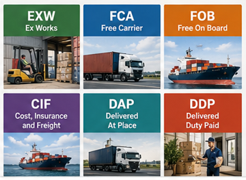 Overzicht van veelgebruikte Incoterms zoals EXW, FOB, CIF, DDP en DAP in wereldwijde logistiek