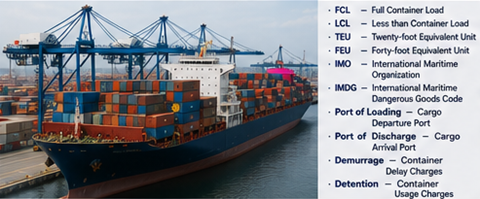 Containervervoer met vrachtschepen haventerminals en afkortingen voor maritiem vrachtvervoer en internationale logistiek