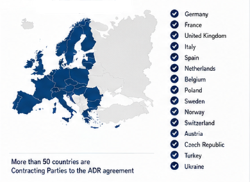 Europese en internationale landen die ADR-regelgeving voor vervoer van gevaarlijke goederen gebruiken