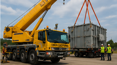 Autolaadkraan die overmaatse lading laadt tijdens een zwaartransportoperatie
