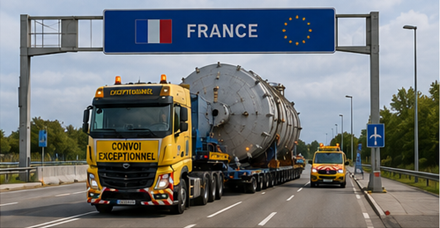 Internationaal konvooi met buitenmaats transport dat Europese grenzen passeert