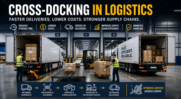 Cross-dockingmagazijn met vrachtwagens die goederen laden en lossen in een modern Europees logistiek centrum