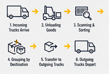 Cross-dockingworkflow met inkomende en uitgaande logistieke vrachtwagens