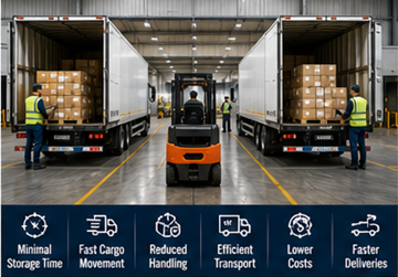 Cross-dockingmagazijn dat pallets rechtstreeks tussen vrachtwagens overzet
