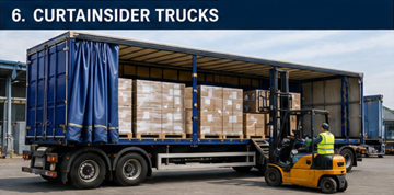 Huifopbouw vrachtwagen die met pallets wordt geladen in een Europees logistiek centrum