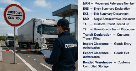Internationaal grensdouane-inklaringsproces met vrachtdocumenten en afkortingen voor import-exportactiviteiten