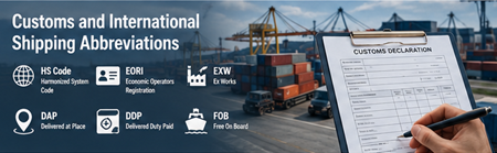 Internationaal douane-inklaringsproces met vrachtdocumenten en transportoperaties bij een grensovergang
