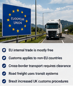 Europese vrachtwagens die grenzen oversteken en douaneprocedures afronden in logistieke operaties