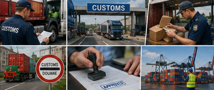Douanecontroles, grenscontrole, vrachtwagens en internationale douaneafhandelingsoperaties