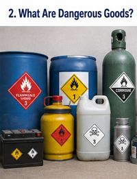 Voorbeelden van gevaarlijke goederen zoals chemicaliën, brandstof, gasflessen, batterijen en industriële vloeistoffen