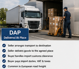 Vrachtwagen die lading aflevert op de bestemming van de klant onder DAP-leveringsvoorwaarden