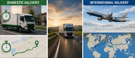 Weergave van binnenlandse en internationale levertijden met logistieke trucks, vliegtuigen, kaarten en transportroutes