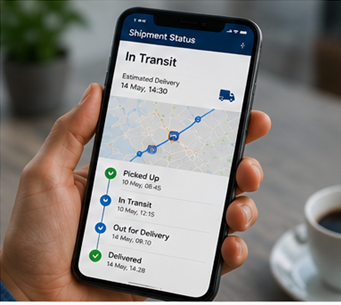 Klant gebruikt smartphone-app voor leveringsvolging met live zendingupdates en meldingen