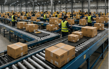 Groot distributiecentrum dat producten sorteert voor transport en levering