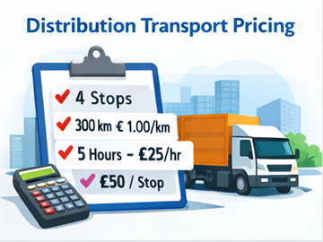 Prijsbepaling voor distributietransport met meerdere stops, afstand, uren en berekening per stop op een klembord