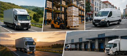Binnenlands vrachtvervoer met lokale bezorgwagens, magazijnen, stadslogistiek en regionale transportoperaties