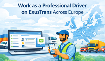 Professionele vrachtwagenchauffeur die het ExusTrans mobiele en webplatform gebruikt om transportopdrachten, voertuigen en leveringen in Europa te beheren