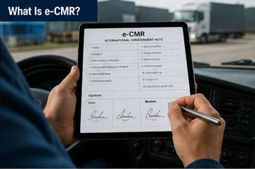 Digitaal CMR-document weergegeven op tablet die door de chauffeur wordt gebruikt in een logistieke transportomgeving