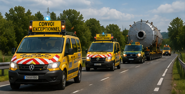 Begeleidingsvoertuigen die een exceptioneel transportkonvooi begeleiden op een Europese snelweg