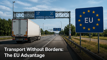 Vrachtwagen die een Europese grens passeert zonder douane EU interne markt vrij verkeer goederen snelweg Europa