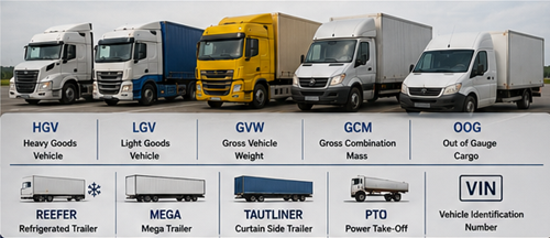 Verschillende Europese bedrijfsvoertuigen, waaronder koelwagen, mega trailer, schuifzeiltrailer, bestelbus en dieplader-/platformtransportvoertuigen