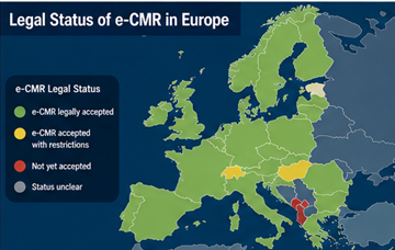 Kaart van Europa met landen waar e-CMR juridisch wordt aanvaard voor digitale vervoersdocumenten