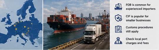 Operaties in een Europese haven met geïmporteerde cargocontainers en douaneprocedures