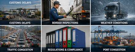 Europees binnenlands en internationaal transport met EU-snelwegen, grensovergangen, magazijnen en logistieke hubs