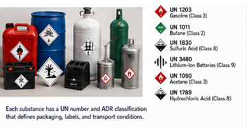 Voorbeelden van ADR-gevaarlijke goederen, waaronder brandstof, chemicaliën, batterijen en gasflessen