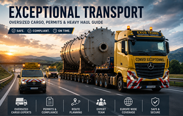 Konvooi exceptioneel transport met buitenmaatse industriële lading door Europa tijdens zonsondergang