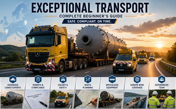 Exceptioneel transportvoertuig dat overmaatse industriële lading vervoert op een Europese snelweg met begeleidingsvoertuigen