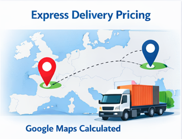 Route voor expresslevering op een kaart van Europa met een vrachtwagen en een via Google Maps berekende transportprijs