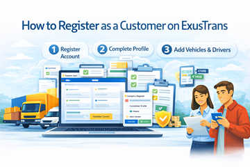 Registreren als klant op het ExusTrans-platform met bedrijfsverificatie, profielinstelling en transportbeheer