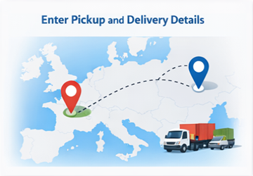 Ophaal- en afleverlocaties weergegeven op een Europese routekaart voor openbaar vervoer.