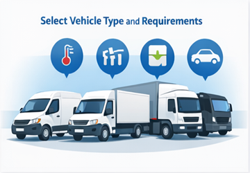 Verschillende soorten voertuigen voor transport, waaronder bestelwagens, vrachtwagens en autotransporters.