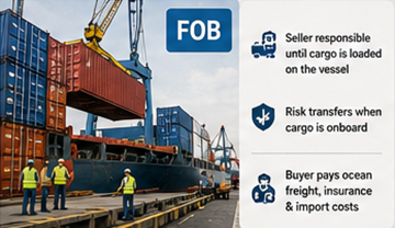 Zeecontainers die op een vrachtschip worden geladen volgens FOB-leveringsvoorwaarden