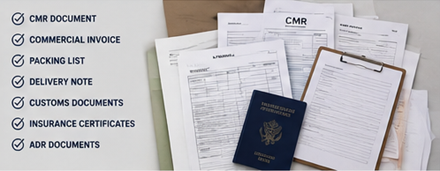 Documenten voor vrachtvervoer waaronder CMR, factuur, verzendpapieren en logistiek papierwerk