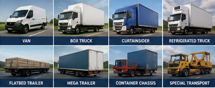 Voertuigen voor vrachtvervoer waaronder bestelwagens, vrachtwagens, opleggers en een logistieke vloot in Europa