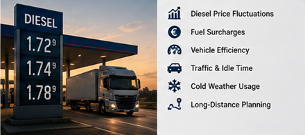 Dieselprijzen die vrachttarieven en logistieke activiteiten in Europa beïnvloeden
