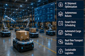 Toekomstige geautomatiseerde cross-dockingfaciliteit met robotica, AI en slimme logistieke technologie