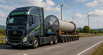 Modern konvooi met buitenmaatse lading als symbool voor de toekomst van Europees zwaartransport